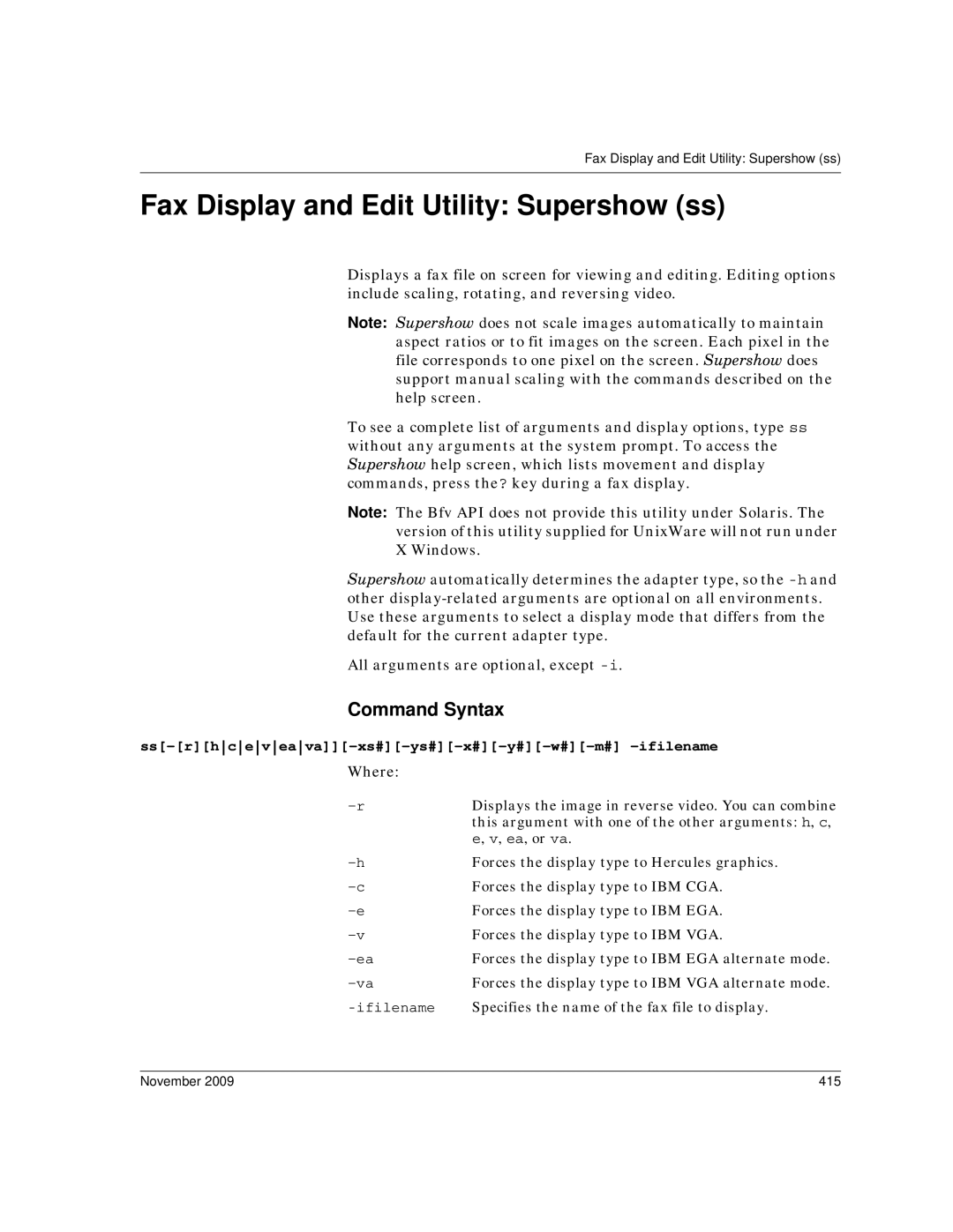 Dialogic 6.2 manual Fax Display and Edit Utility Supershow ss, Ss-rhceveava-xs#-ys#-x#-y#-w#-m# -ifilename, November 415 