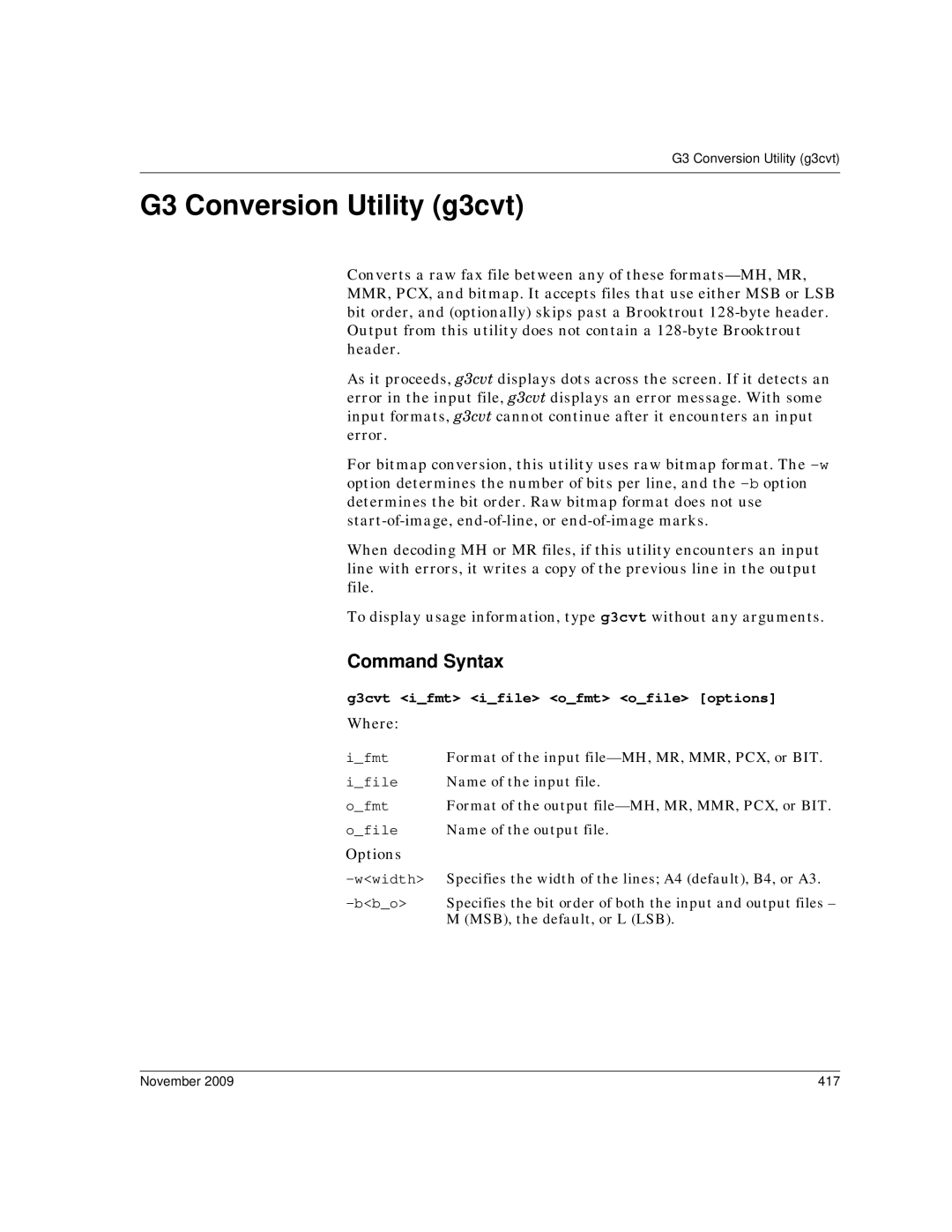 Dialogic 6.2 manual G3 Conversion Utility g3cvt, G3cvt ifmt ifile ofmt ofile options, November 417 