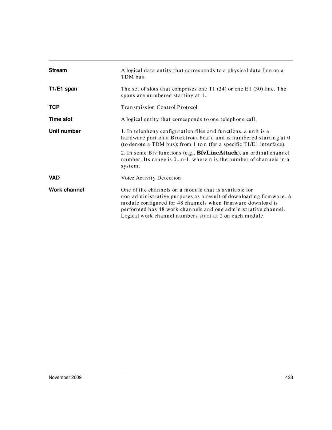 Dialogic 6.2 manual Stream, T1/E1 span, Time slot, Unit number, Work channel 