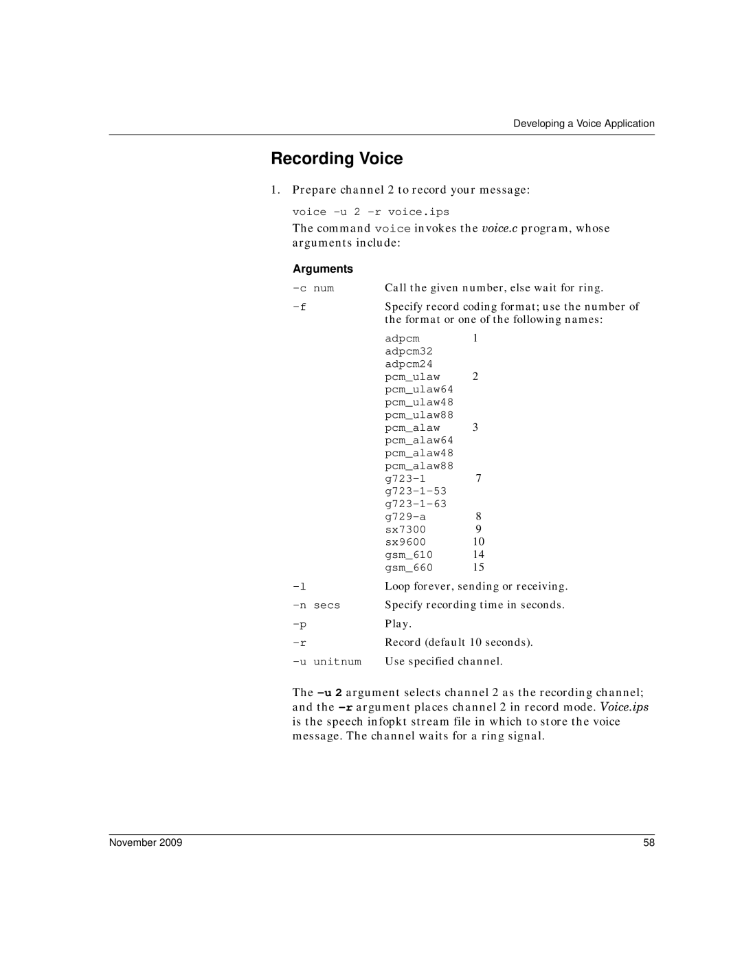 Dialogic 6.2 manual Recording Voice, Arguments 