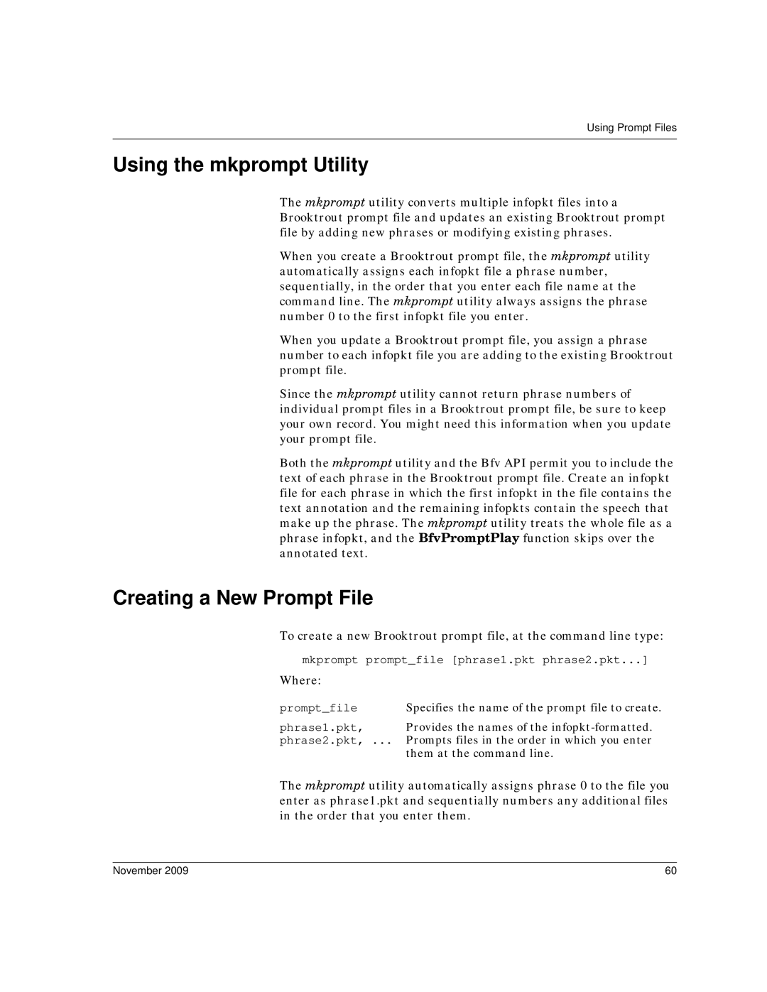 Dialogic 6.2 manual Using the mkprompt Utility, Creating a New Prompt File 