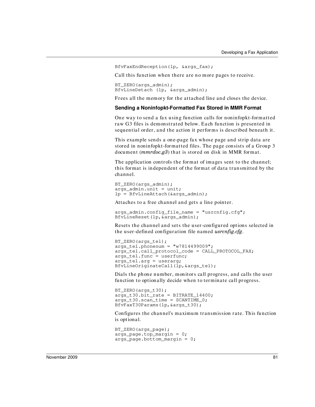 Dialogic 6.2 manual Sending a Noninfopkt-Formatted Fax Stored in MMR Format 