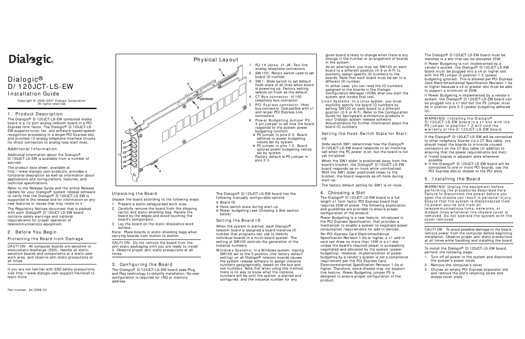 Dialogic D/120JCT-LS-EW technical specifications Physical Layout, Installation Guide 