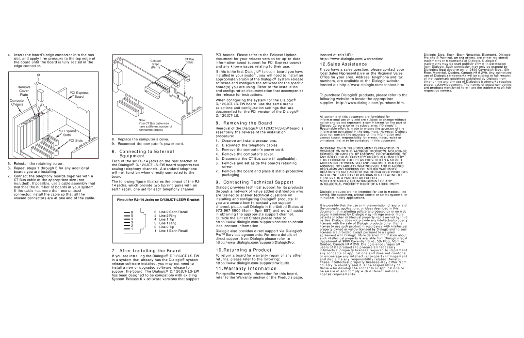 Dialogic D/120JCT-LS-EW Connecting to External Equipment, After Installing the Board, Removing the Board, Sales Assistance 