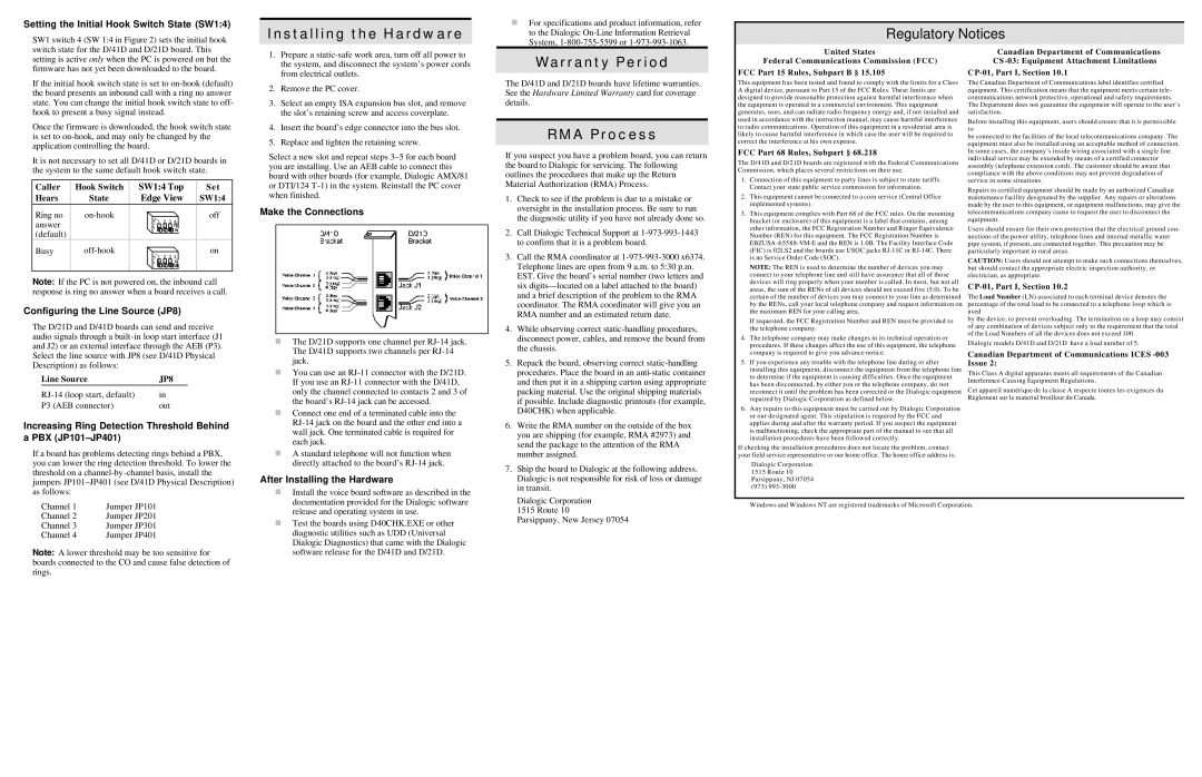 Dialogic D/41D, D/21D warranty Installing the Hardware, Regulatory Notices, Warranty Period, RMA Process 