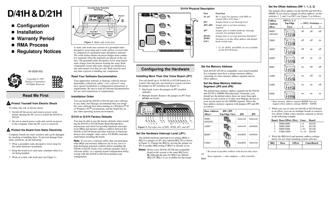 Dialogic D/21H, D/41H warranty Read Me First, Configuring the Hardware 