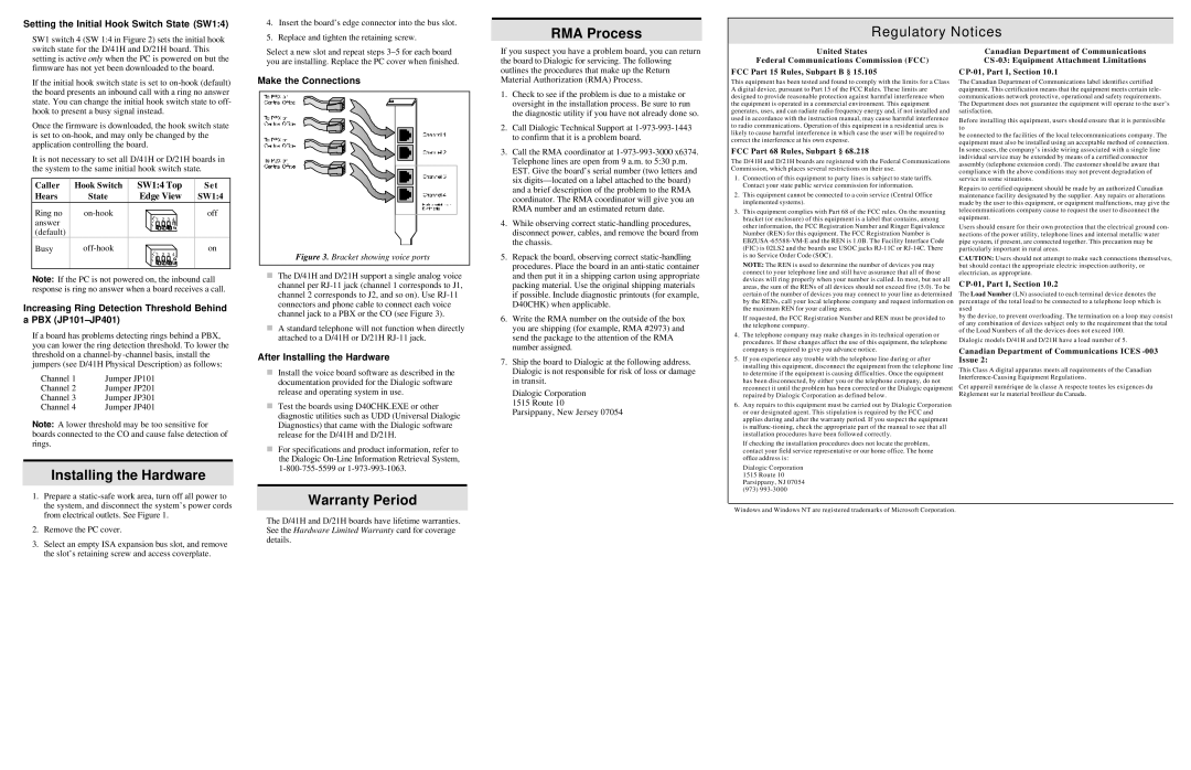 Dialogic D/41H, D/21H warranty RMA Process Regulatory Notices, Installing the Hardware, Warranty Period 