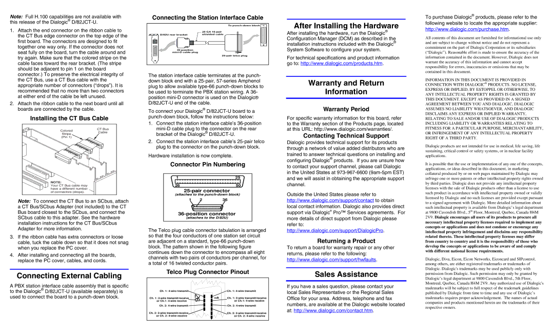 Dialogic D/82JCT-U manual After Installing the Hardware, Warranty and Return Information, Connecting External Cabling 