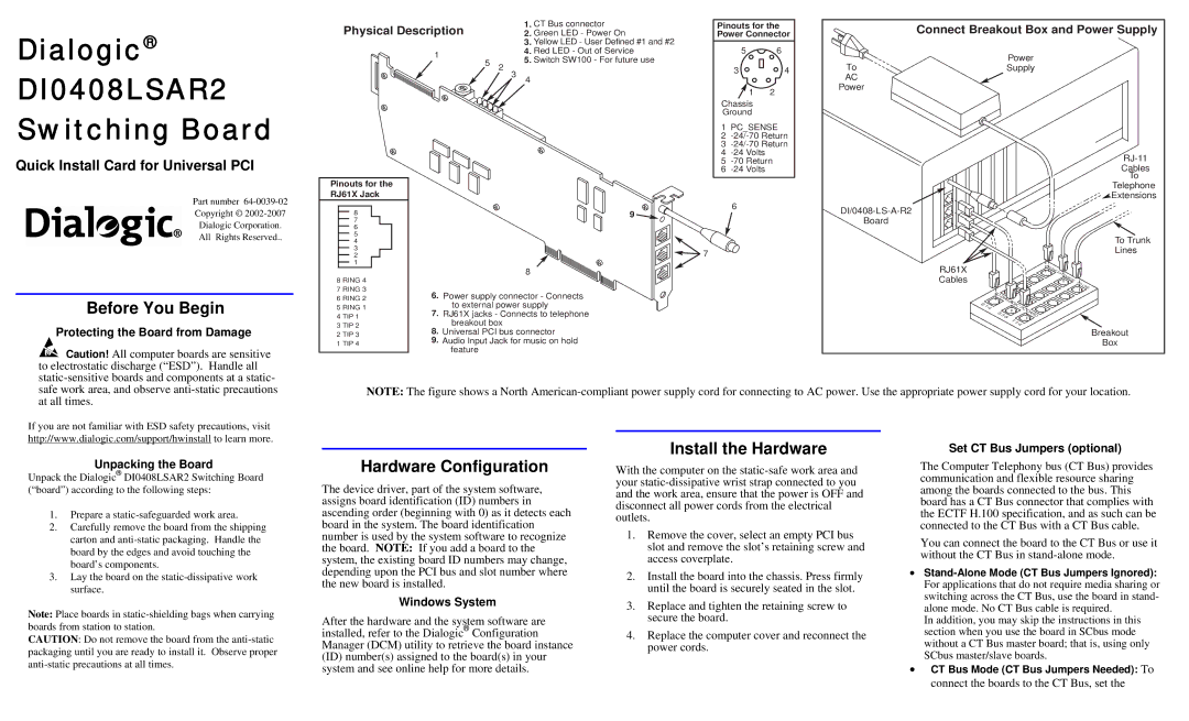 Dialogic DI0408LSAR2 manual Before You Begin, Hardware Configuration, Install the Hardware 