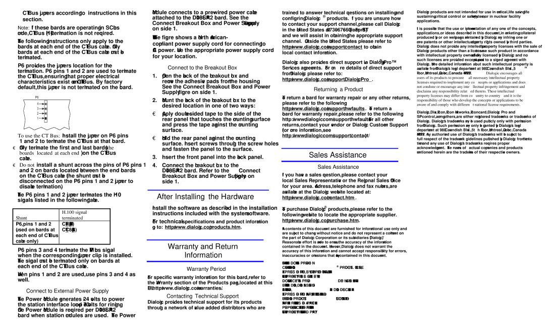 Dialogic DI0408LSAR2 manual After Installing the Hardware, Warranty and Return Information, Sales Assistance 