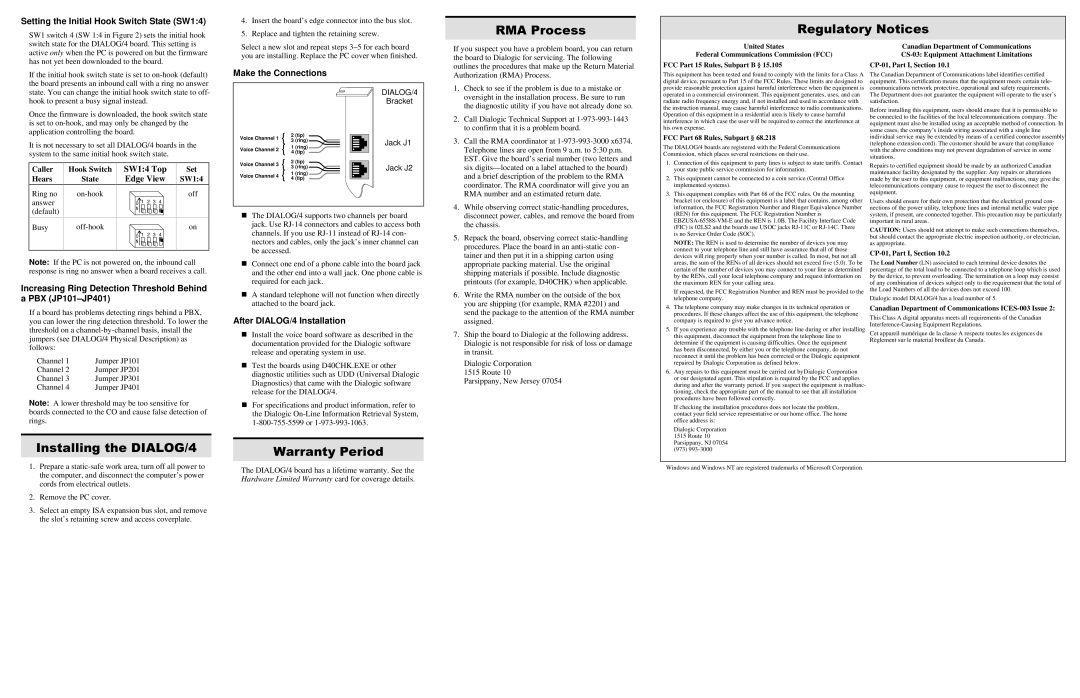 Dialogic DIALOG/4 warranty 50$3URFHVV 5HJXODWRU\1RWLFHV, QVWDOOLQJWKH,$/2, DUUDQW\3HULRG 