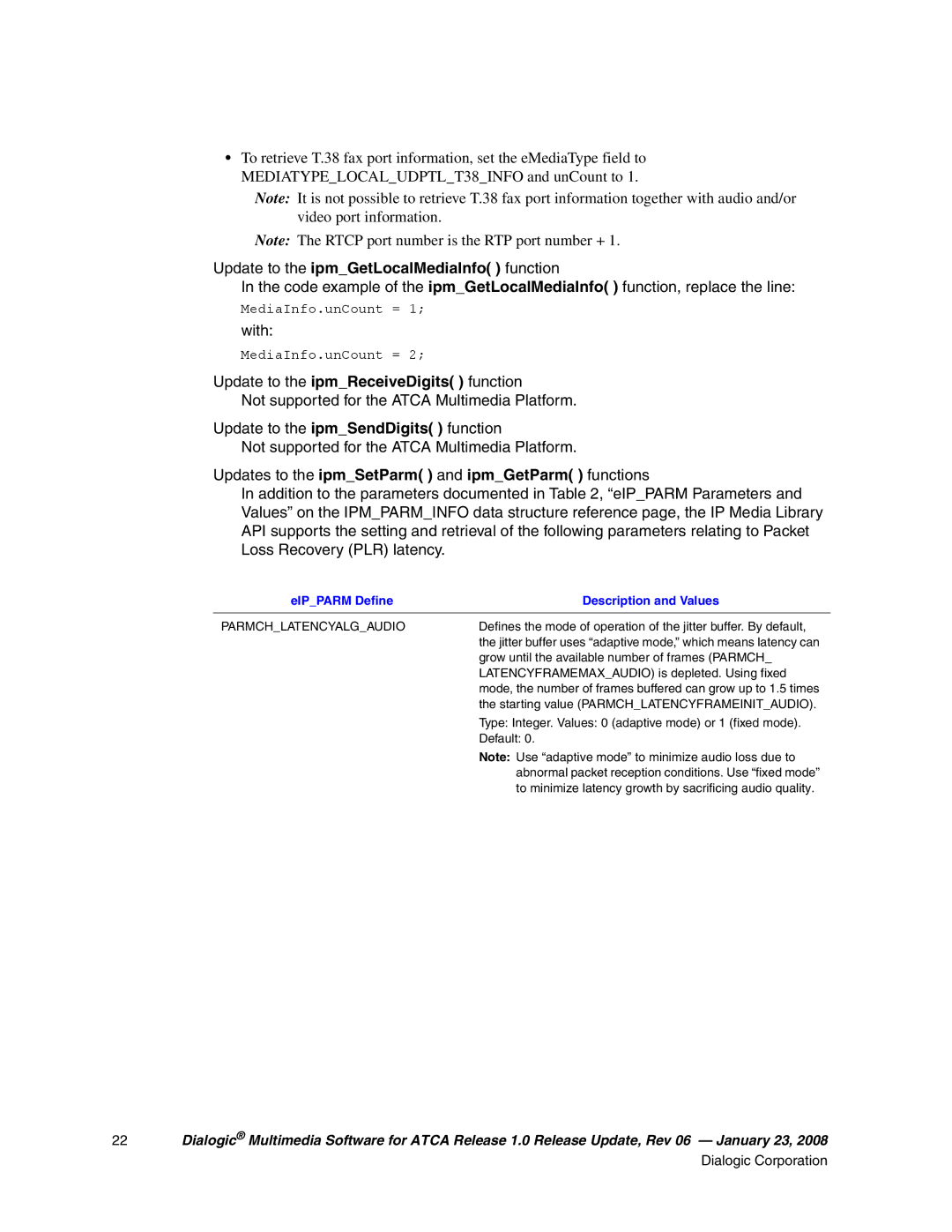 Dialogic 05-2548-006 manual Updates to the ipmSetParm and ipmGetParm functions, Parmchlatencyalgaudio 