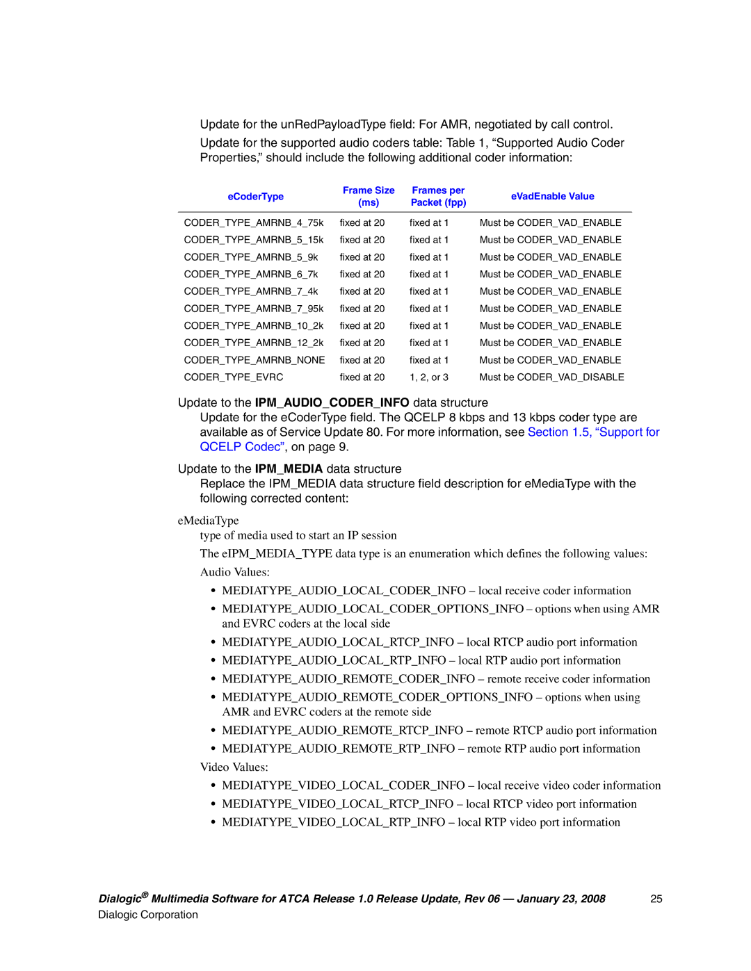 Dialogic DIALOGIC MULTIMEDIA SOFTWARE FOR ADVANCEDTCA RELEASE 1.0, 05-2548-006 manual Codertypeamrnbnone, Codertypeevrc 