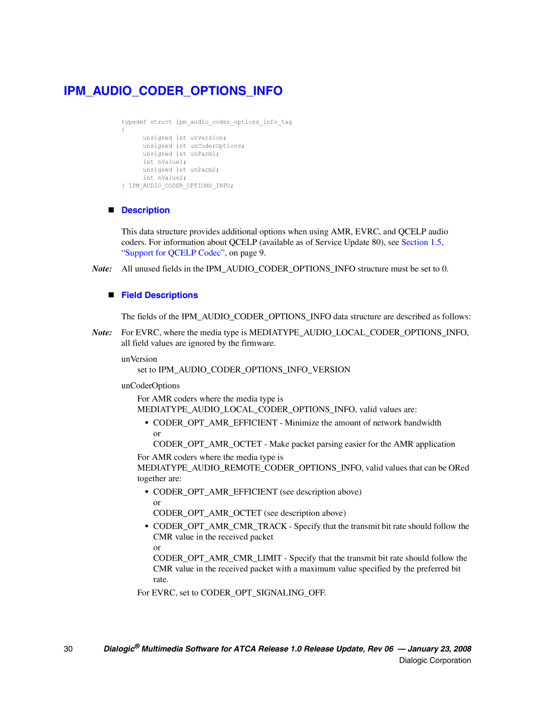 Dialogic 05-2548-006, DIALOGIC MULTIMEDIA SOFTWARE FOR ADVANCEDTCA RELEASE 1.0 manual Ipmaudiocoderoptionsinfo 