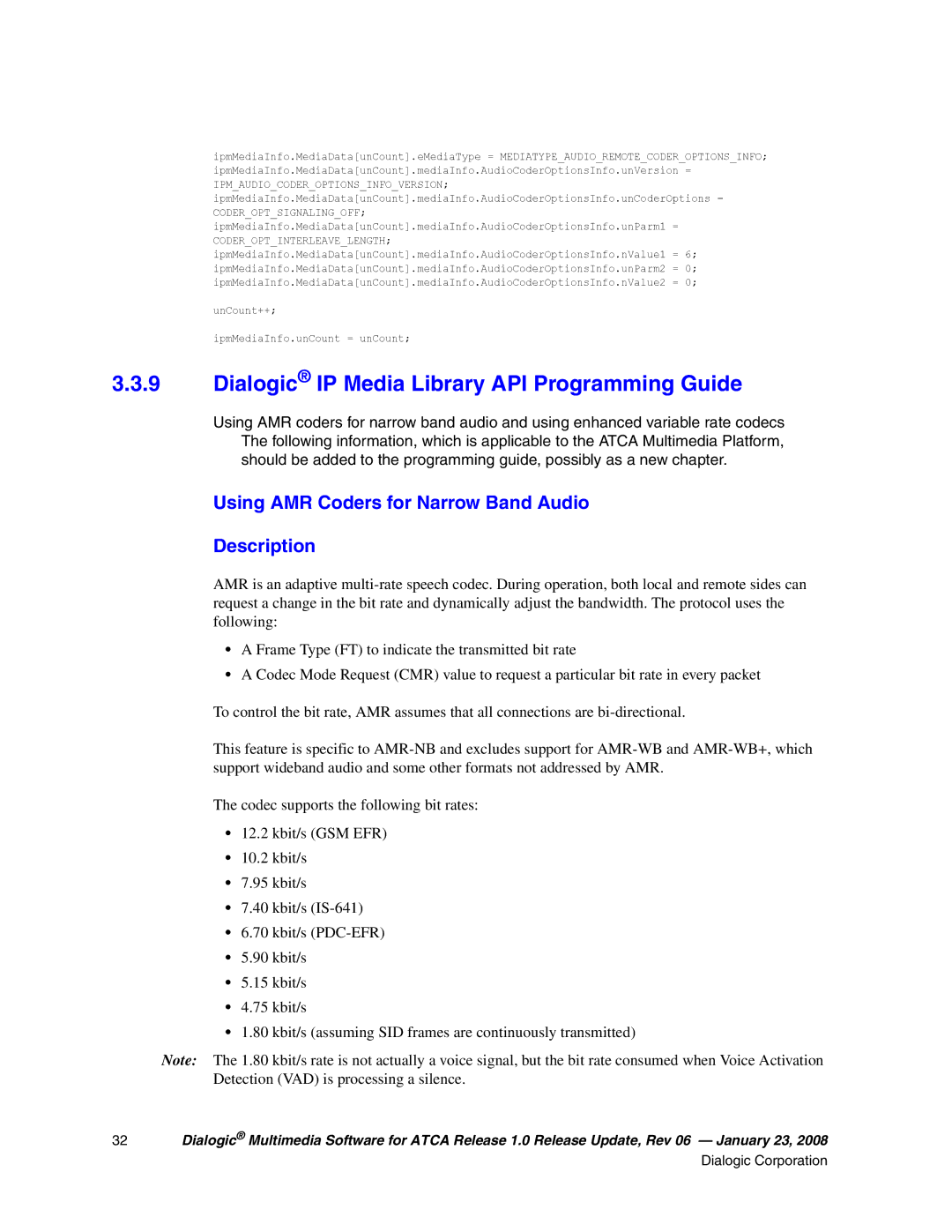 Dialogic 05-2548-006 Dialogic IP Media Library API Programming Guide, Using AMR Coders for Narrow Band Audio Description 