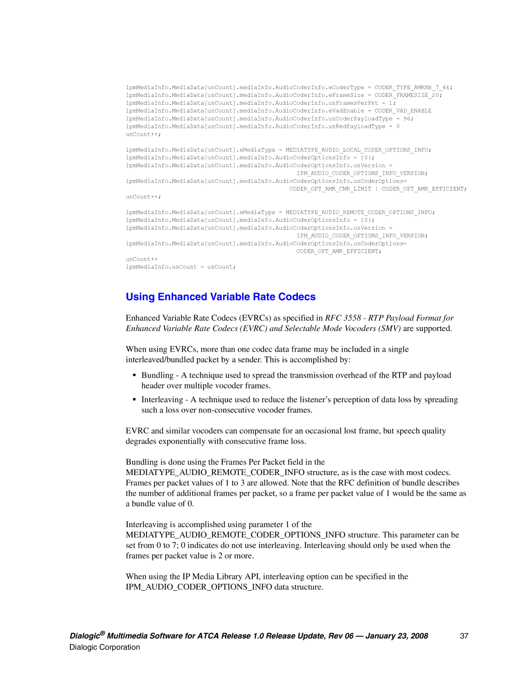 Dialogic DIALOGIC MULTIMEDIA SOFTWARE FOR ADVANCEDTCA RELEASE 1.0, 05-2548-006 manual Using Enhanced Variable Rate Codecs 
