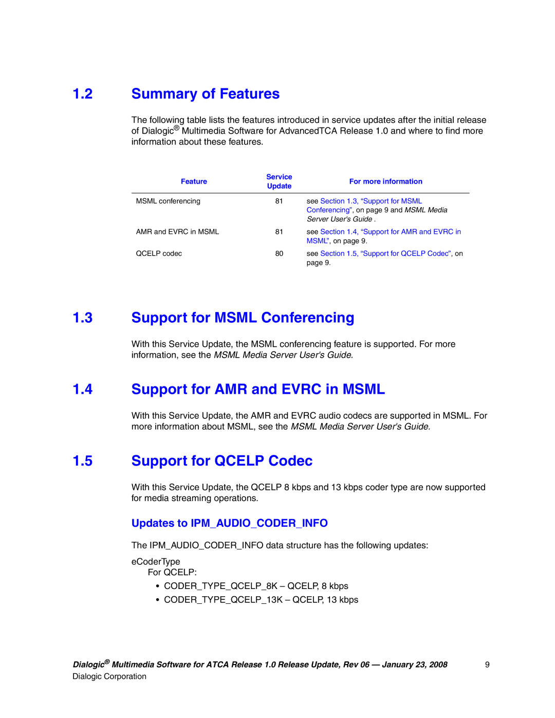 Dialogic DIALOGIC MULTIMEDIA SOFTWARE FOR ADVANCEDTCA RELEASE 1.0 manual Summary of Features, Updates to Ipmaudiocoderinfo 