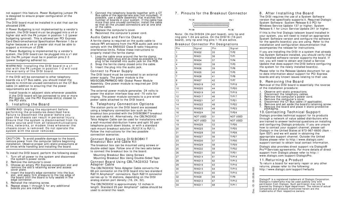 Dialogic DISI16-EW, DISI32-EW Installing the Board, Telephony Connection Options, Pinouts for the Breakout Connector 