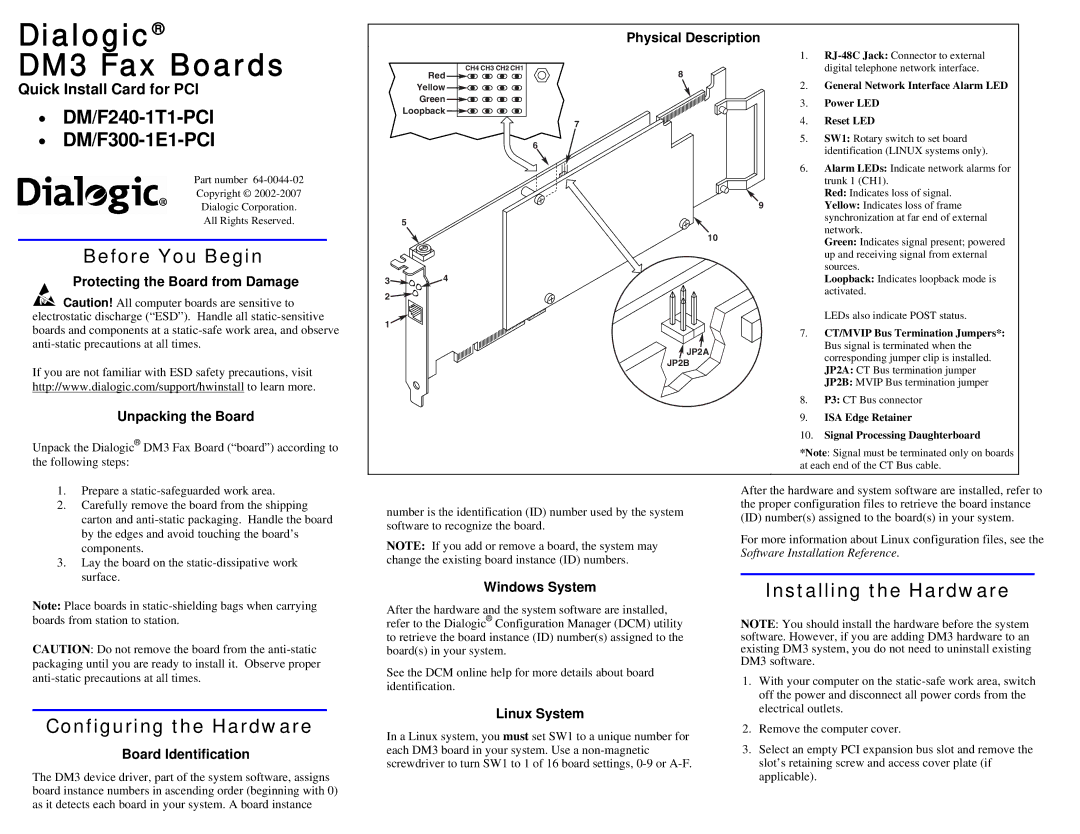 Dialogic manual DM/F240-1T1-PCI DM/F300-1E1-PCI, Before You Begin, Configuring the Hardware, Installing the Hardware 