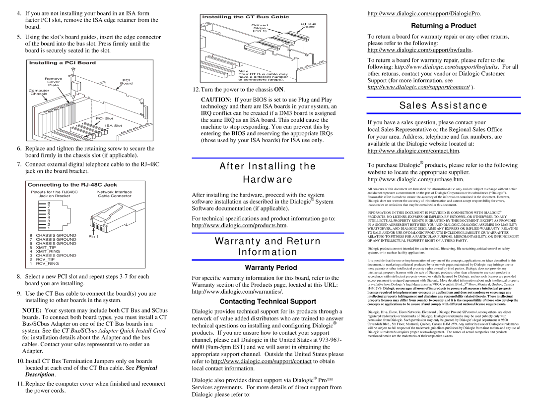 Dialogic DM/F240-1T1-PCI After Installing Hardware, Warranty and Return Information, Sales Assistance, Returning a Product 