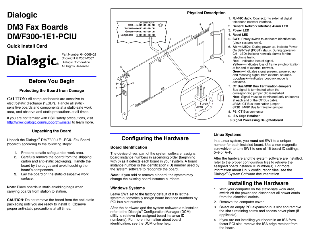 Dialogic DM/F300-1E1-PCIU manual Before You Begin, Configuring the Hardware, Installing the Hardware 