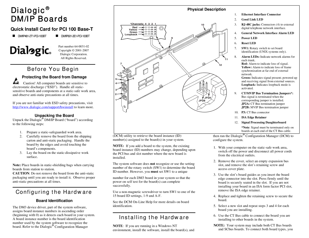 Dialogic DM/IP481-2T1-PCI-100BT manual Before You Begin, Configuring the Hardware, Installing the Hardware 