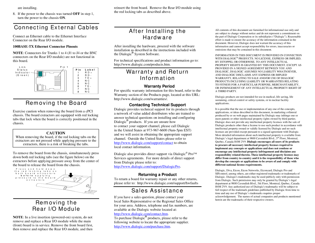 Dialogic DM/IP601-CPCI-100BT manual Connecting External Cables, After Installing Hardware, Warranty and Return Information 