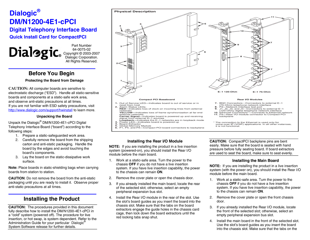 Dialogic DM/N1200-4E1-cPCI manual Before You Begin, Installing the Product, Installing the Rear I/O Module 