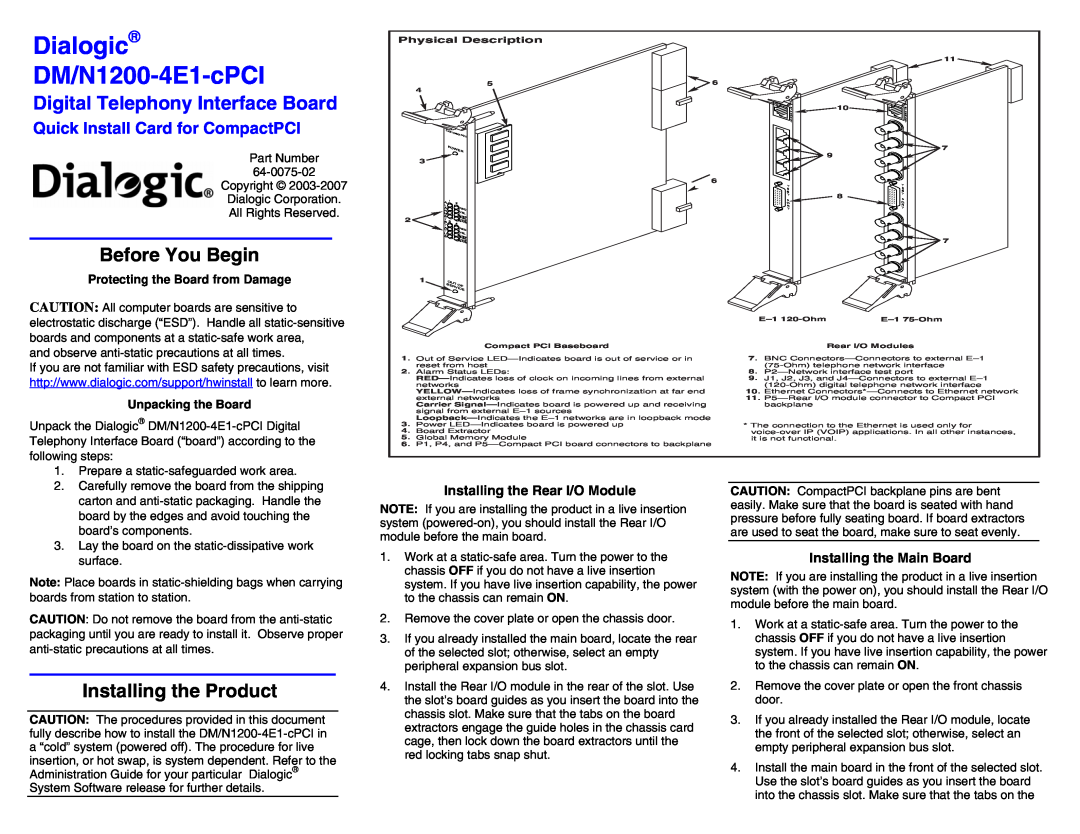 Dialogic DM/N1200-4E1-cPCI manual Before You Begin, Installing the Product, Installing the Rear I/O Module, Dialogic 