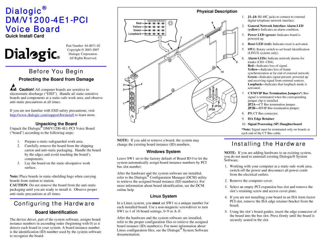 Dialogic DM/V1200-4E1-PCI manual Before You Begin, Configuring the Hardware, Installing the Hardware 