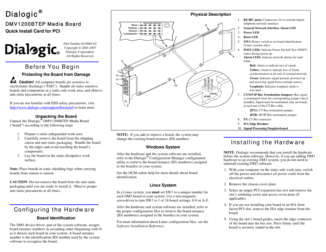 Dialogic DMV1200BTEP manual Before You Begin, Configuring the Hardware, Installing the Hardware 