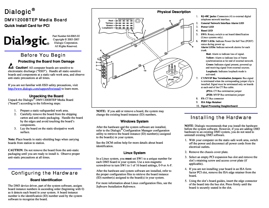 Dialogic DMV1200BTEP manual Before You Begin, Configuring the Hardware, Installing the Hardware, Unpacking the Board 