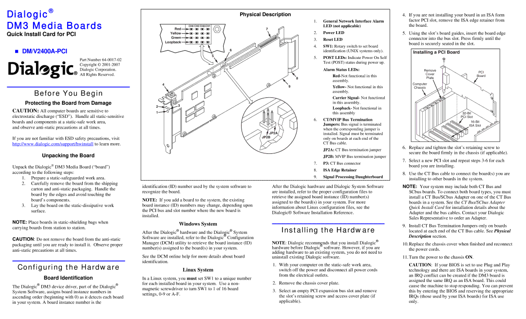 Dialogic DM/V2400A-PCI manual Before You Begin, Configuring the Hardware, Installing the Hardware 