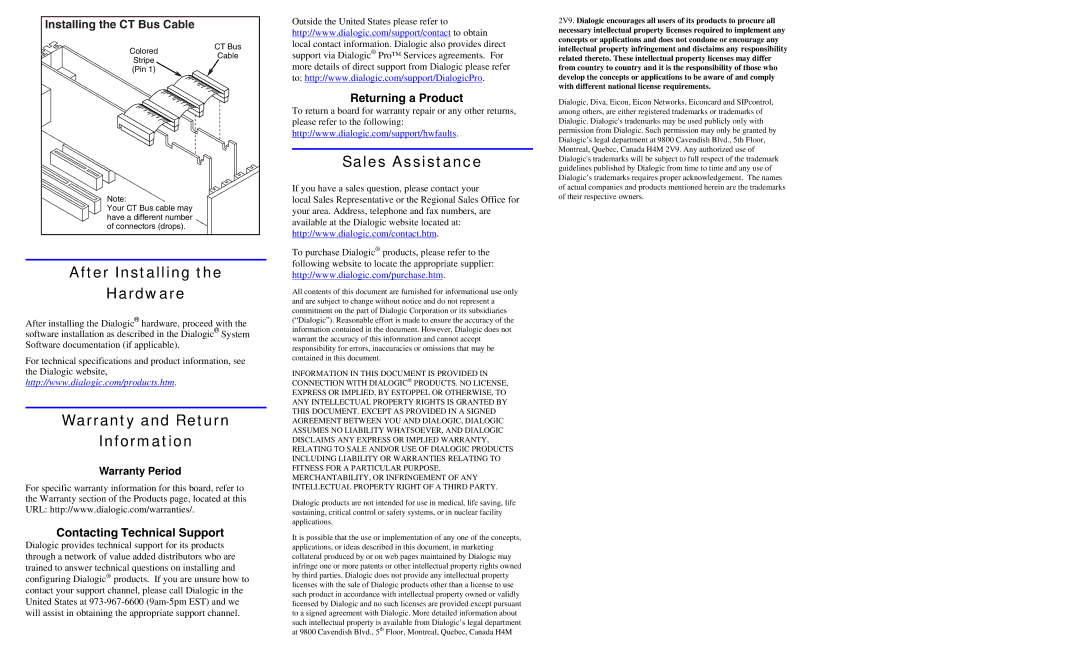 Dialogic DM/V2400A-PCI manual After Installing Hardware, Warranty and Return Information, Sales Assistance 