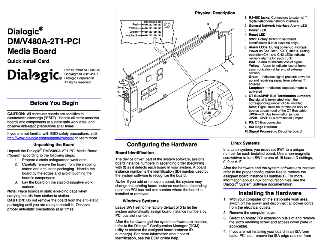Dialogic DM/V480A-2T1-PCI manual Before You Begin, Configuring the Hardware, Installing the Hardware, Physical Description 