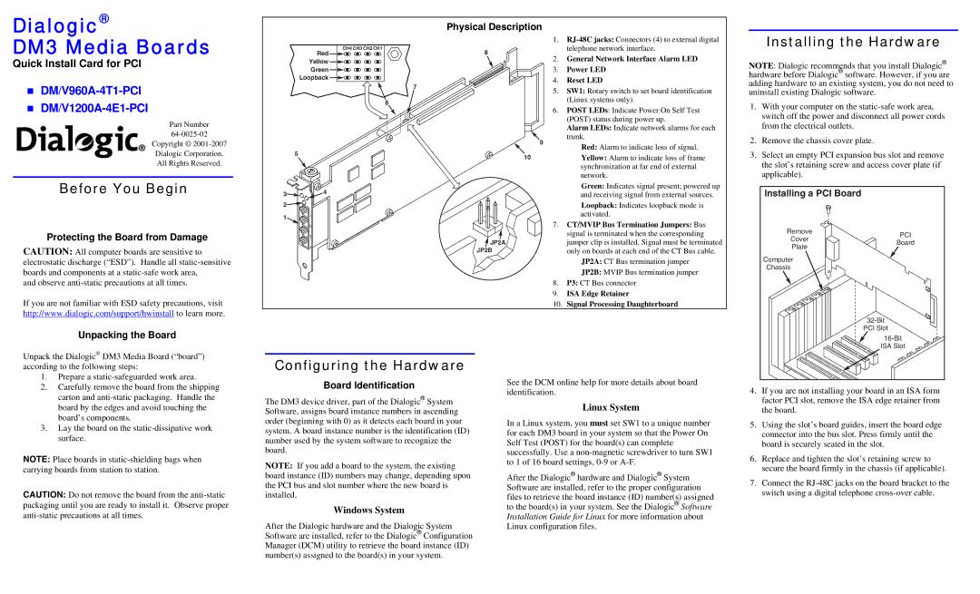 Dialogic DM/V1200A-4E1-PCI, DM/V960A-4T1-PCI manual Before You Begin, Installing the Hardware, Configuring the Hardware 