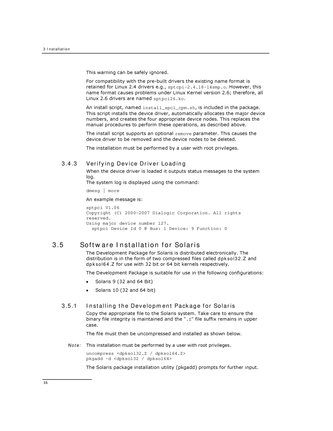 Dialogic DSI SPCI Network Interface Boards manual Software Installation for Solaris, Verifying Device Driver Loading 