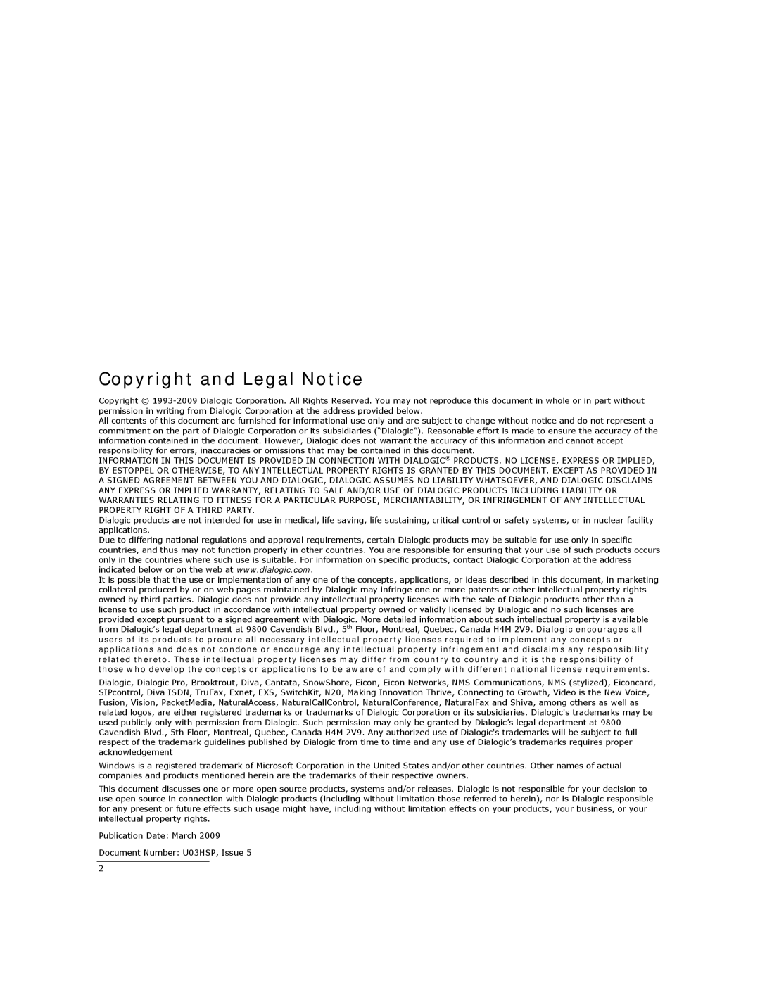 Dialogic DSI SPCI Network Interface Boards manual Copyright and Legal Notice 