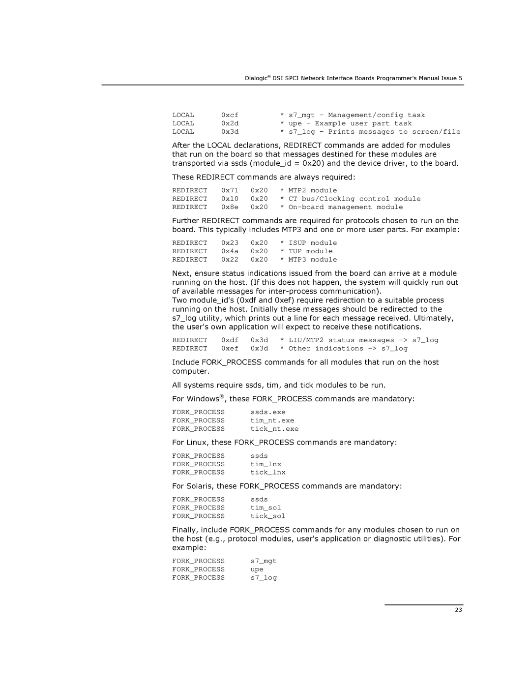 Dialogic DSI SPCI Network Interface Boards manual For Linux, these Forkprocess commands are mandatory 