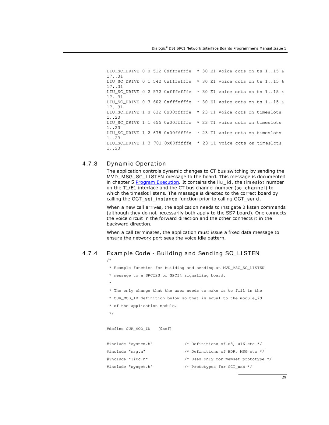 Dialogic DSI SPCI Network Interface Boards manual Dynamic Operation, Example Code Building and Sending Sclisten 