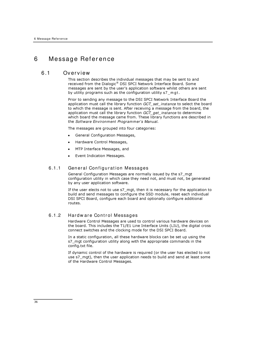 Dialogic DSI SPCI Network Interface Boards Message Reference, General Configuration Messages, Hardware Control Messages 