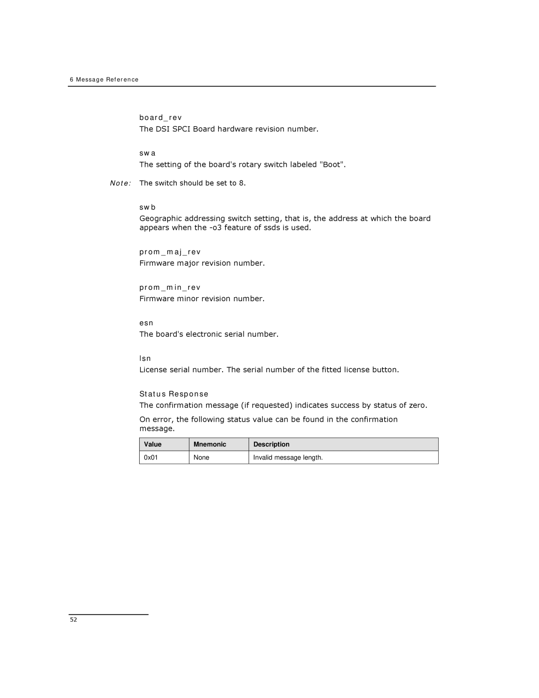 Dialogic DSI SPCI Network Interface Boards manual Boardrev, Swa, Swb, Prommajrev, Promminrev, Esn, Lsn 