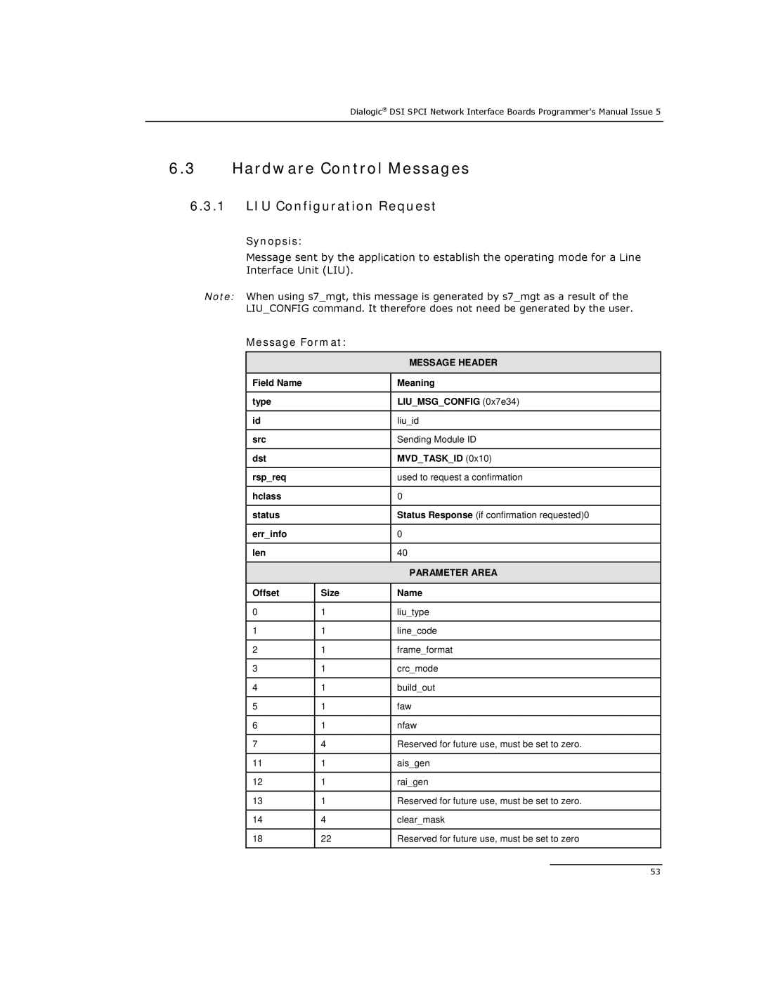 Dialogic DSI SPCI Network Interface Boards Hardware Control Messages, LIU Configuration Request, Dst Mvdtaskid Rspreq 