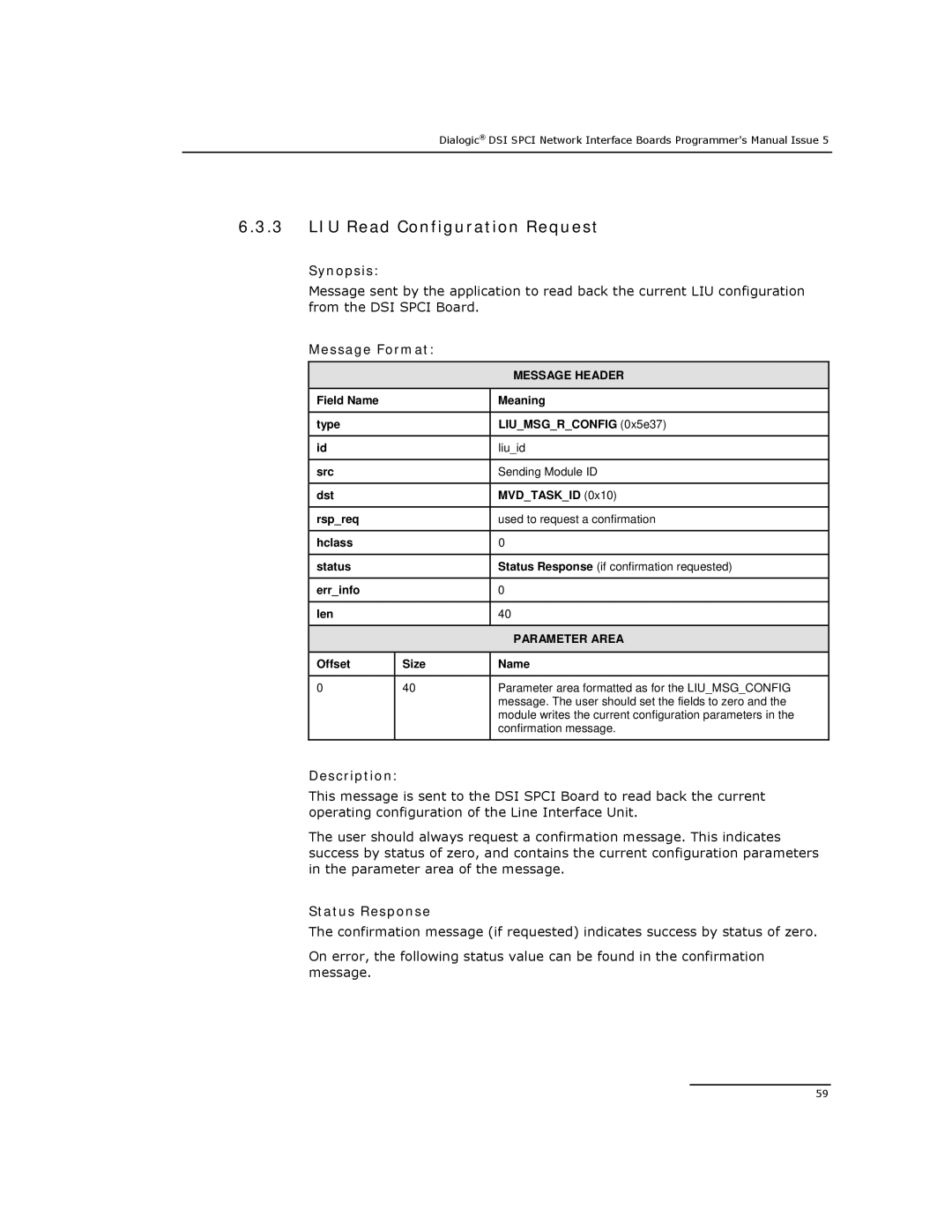 Dialogic DSI SPCI Network Interface Boards manual LIU Read Configuration Request 