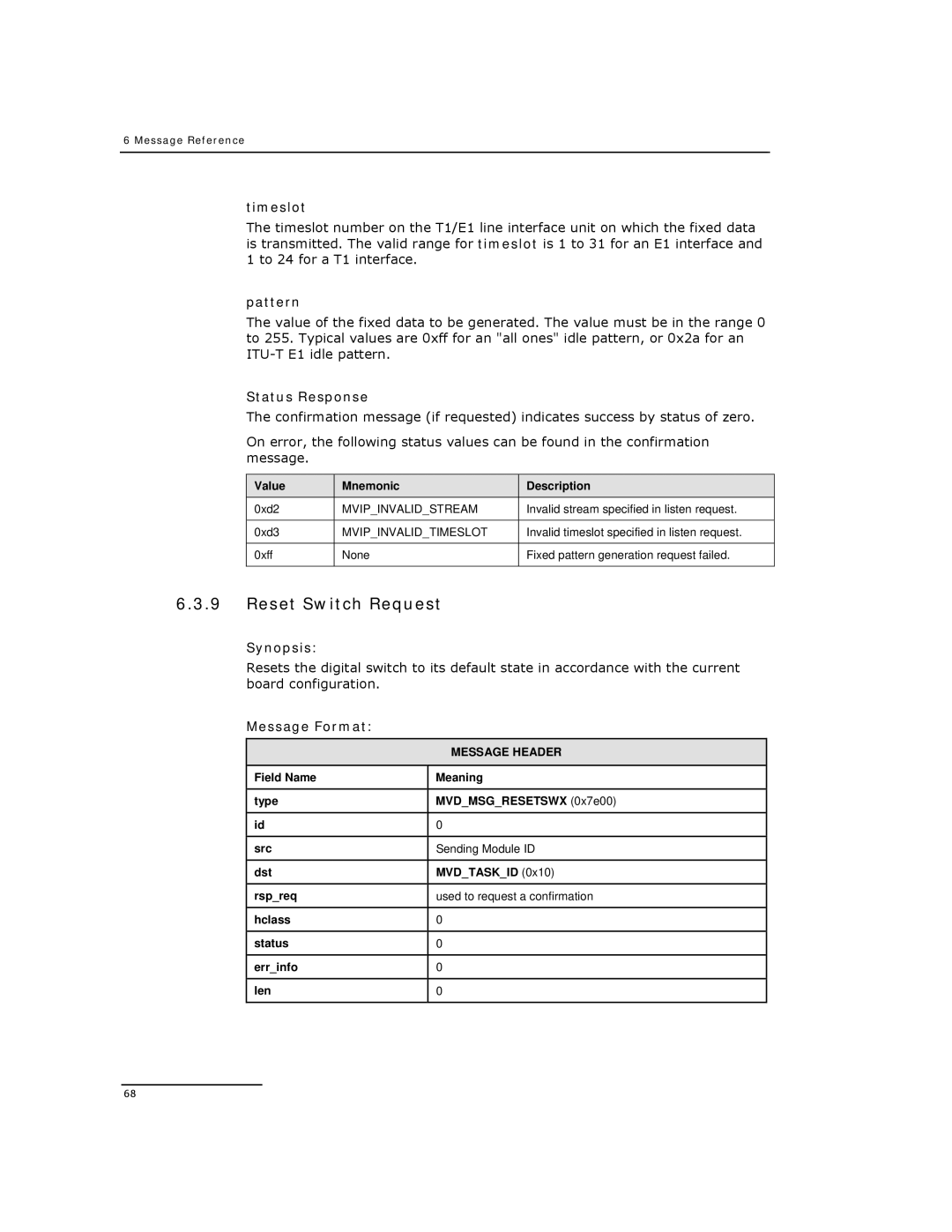 Dialogic DSI SPCI Network Interface Boards manual Reset Switch Request, Pattern 