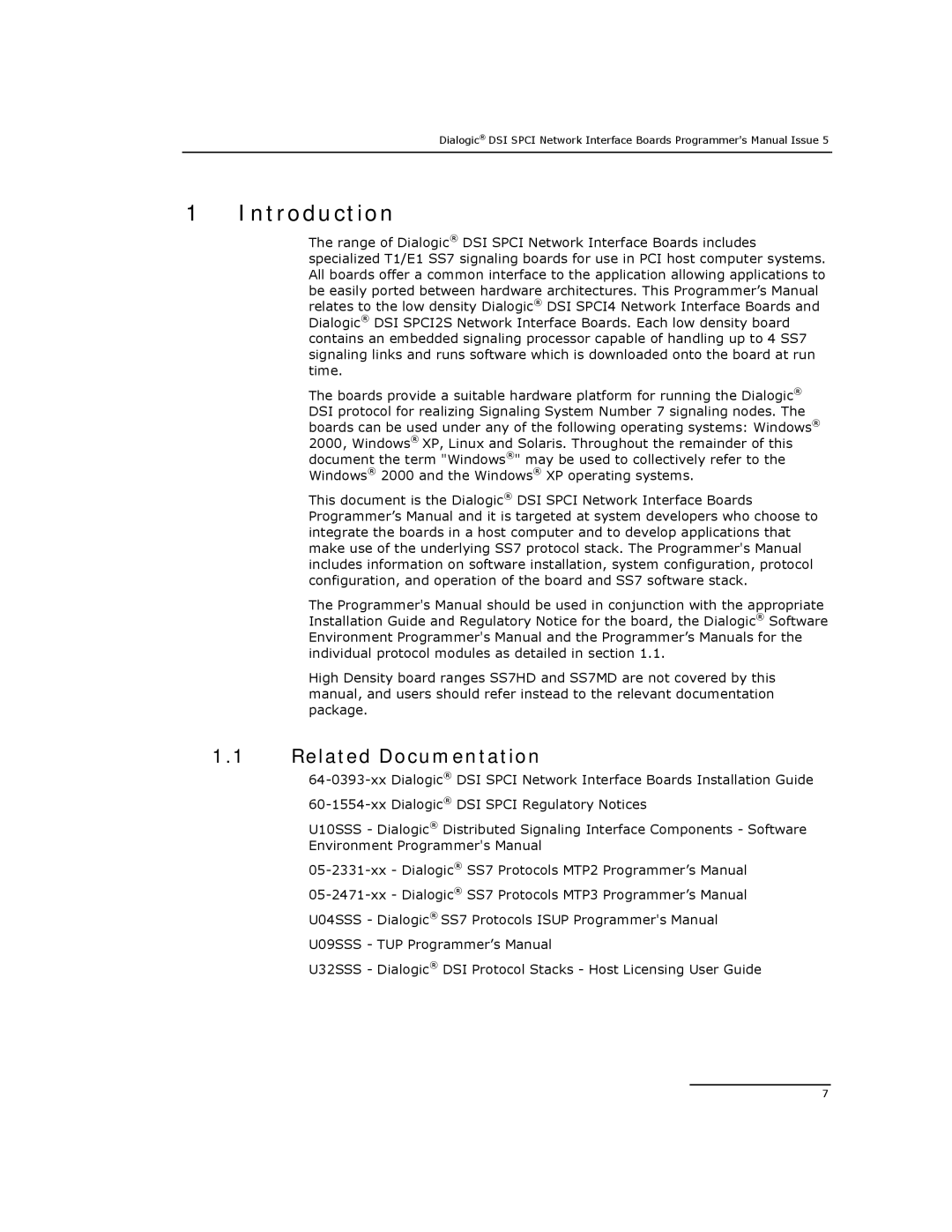 Dialogic DSI SPCI Network Interface Boards manual Introduction, Related Documentation 