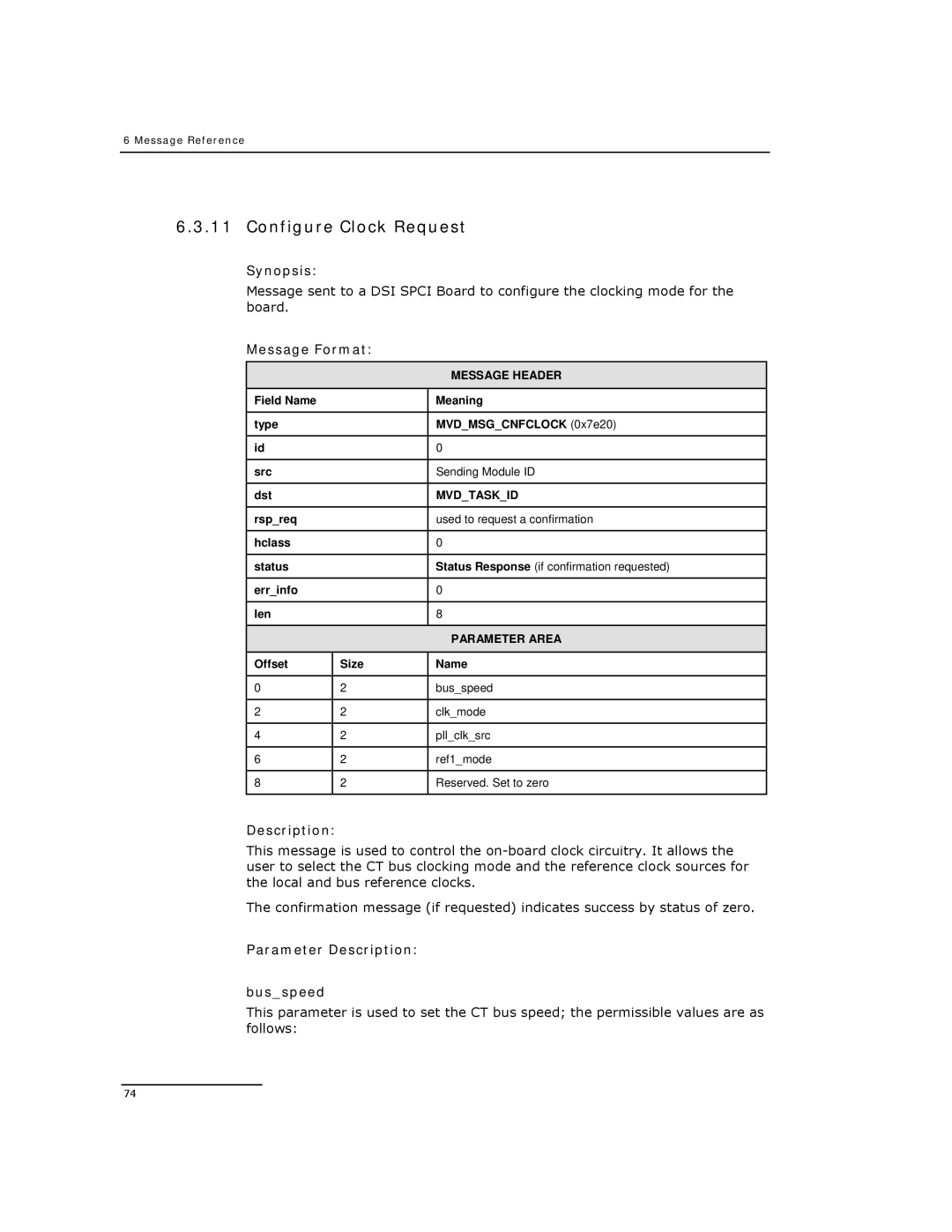 Dialogic DSI SPCI Network Interface Boards manual Configure Clock Request, Parameter Description Busspeed 