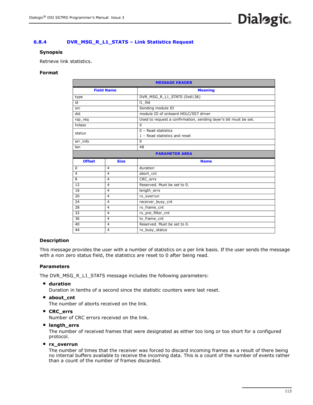 Dialogic DSI SS7MD manual DVRMSGRL1STATS Link Statistics Request, Synopsis Retrieve link statistics Format 