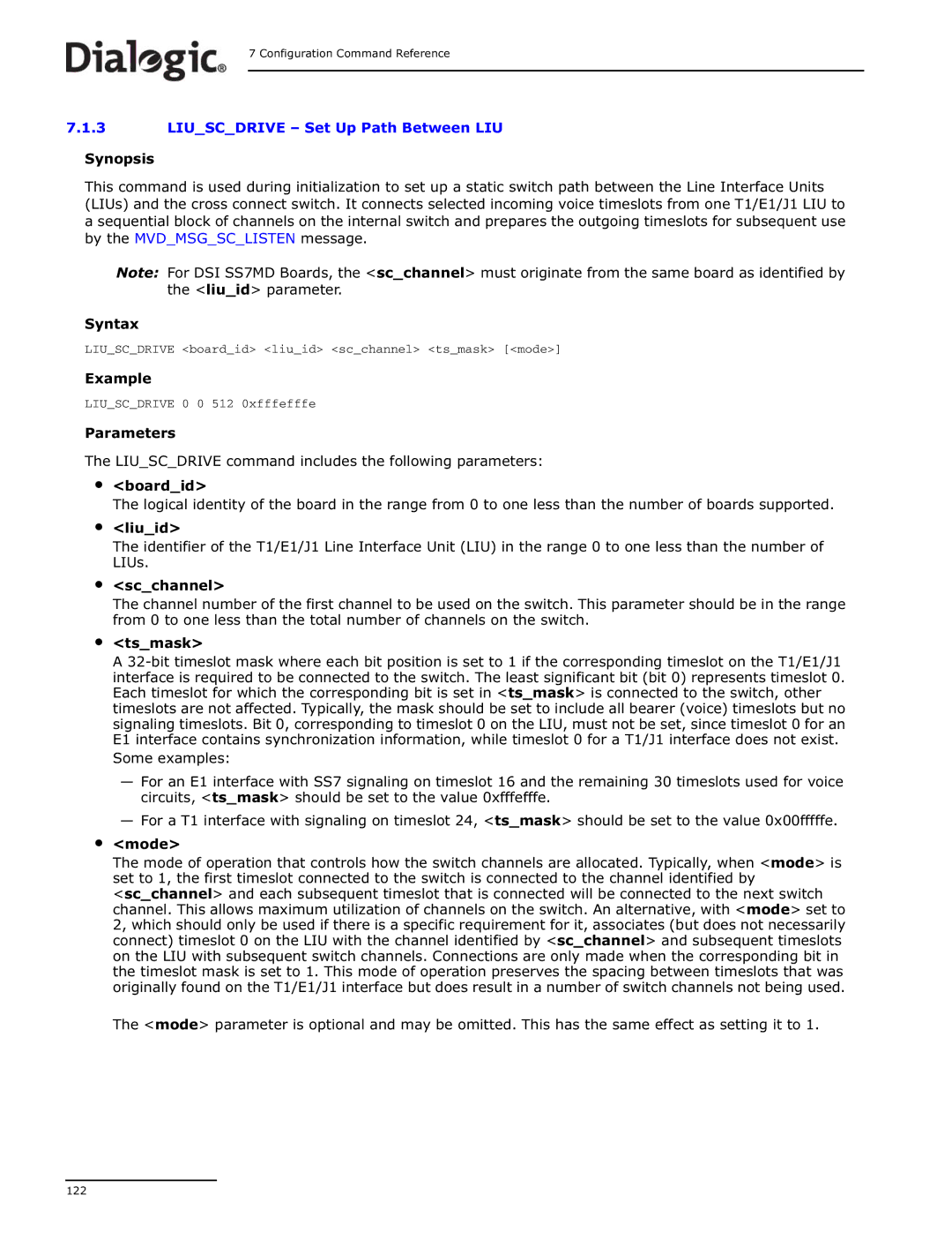 Dialogic DSI SS7MD manual Liuscdrive boardid liuid scchannel tsmask mode 