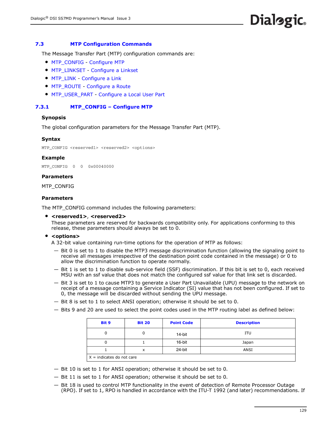 Dialogic DSI SS7MD manual Message Transfer Part MTP configuration commands are, Bit Point Code Description 